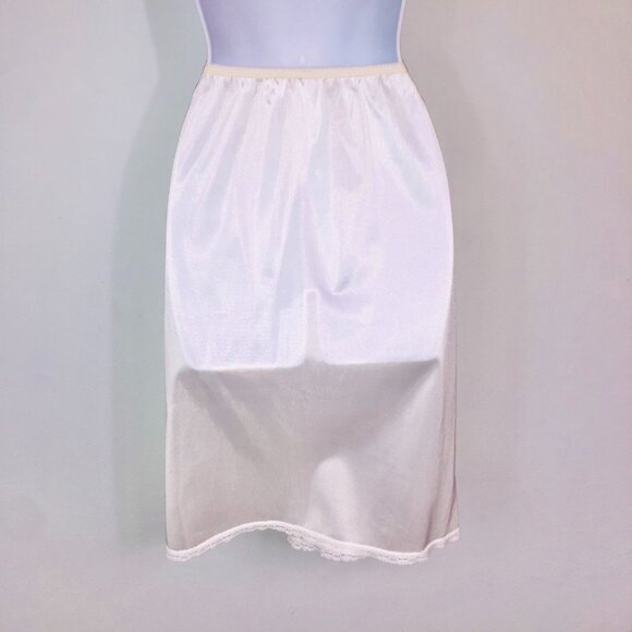 Vintage Womens L White Half Slip Lace Trim Elastic Waist Side Slit - Picture 6 of 9